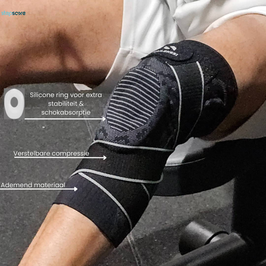 Detail van verstelbare bandjes op zwarte Titan Knie Brace