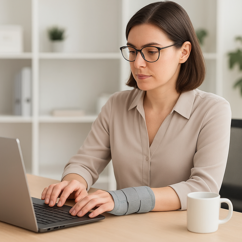 Comfortabele polsbrace tijdens typen op laptop